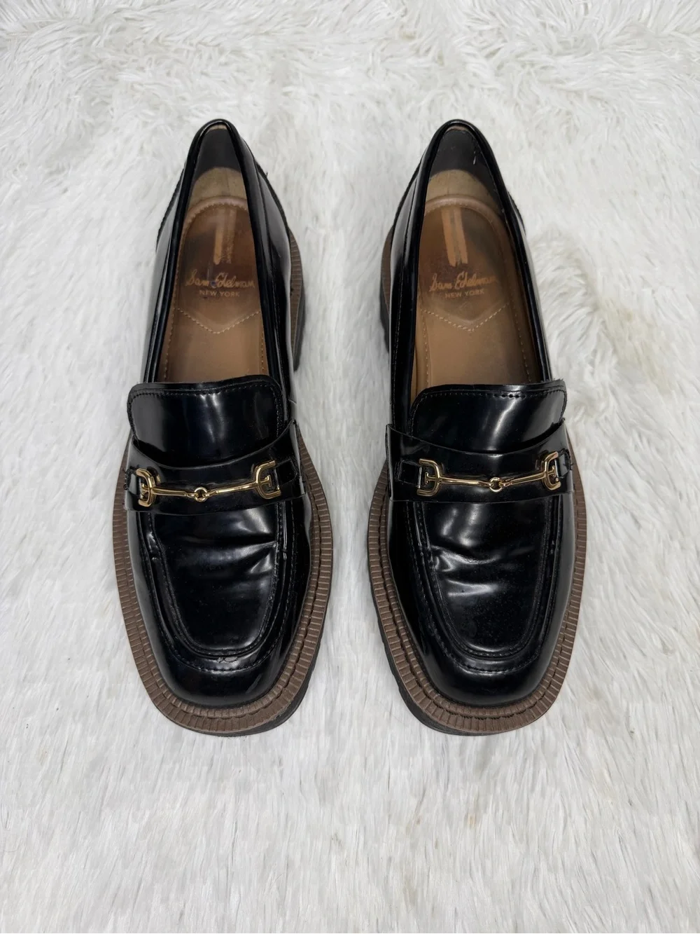 SAM EDELMAN / Laurs Chunky Black Patent Loafers Lug Sole Gold Horse Bit / 7.5